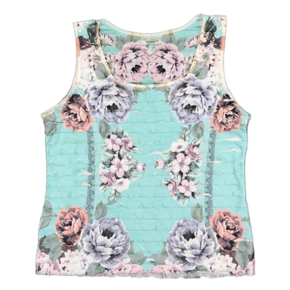 Dressbarn Women's Petite Large Aqua Blue Floral Tank Top Sleeveless Ruffle Trim - Picture 1 of 8